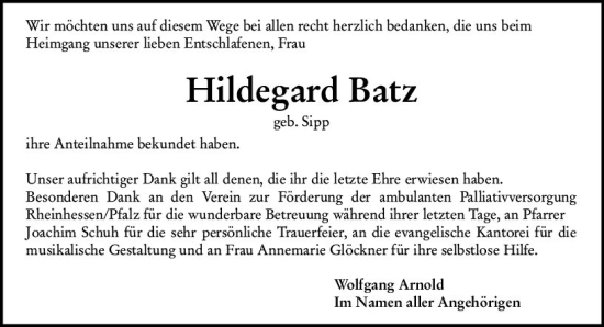 Traueranzeige von Hildegard Batz von Allgemeine Zeitung Alzey
