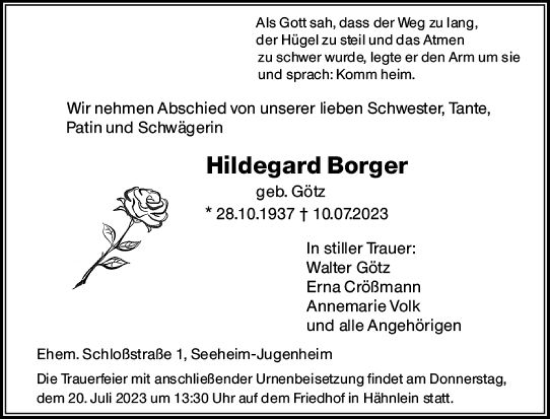 Traueranzeige von Hildegard Borger von Darmstädter Echo