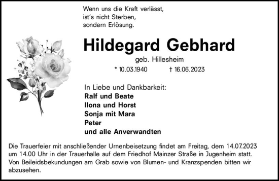 Traueranzeige von Hildegard Gebhard von Allgemeine Zeitung Mainz