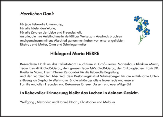 Traueranzeige von Hildegard Maria Herre von Groß-Gerauer Echo