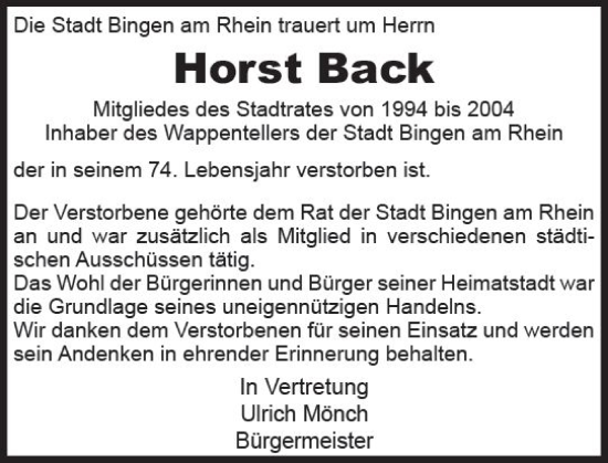 Traueranzeige von Horst Back von Allgemeine Zeitung Bingen/Ingelheim