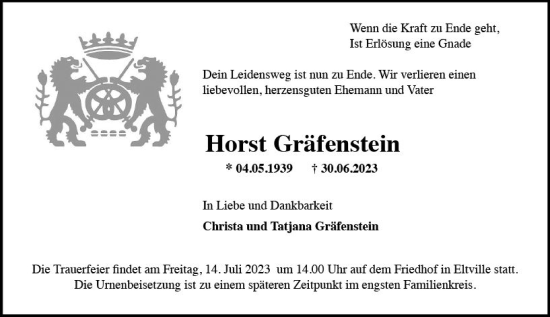 Traueranzeige von Horst Gräfenstein von Rheingau Kurier