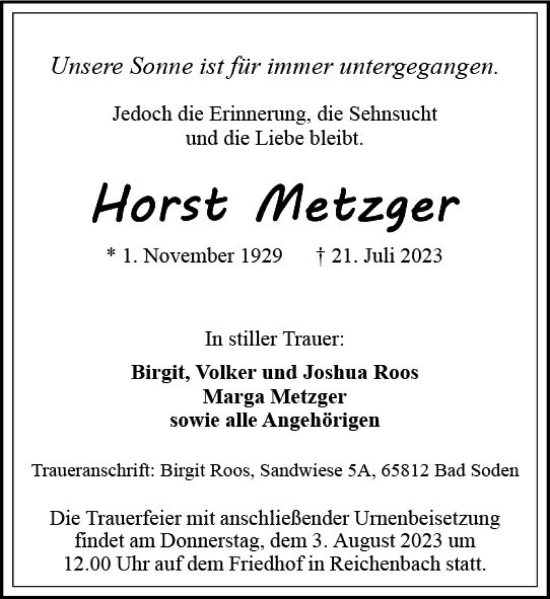 Traueranzeige von Horst Metzger von Camberger Anzeiger