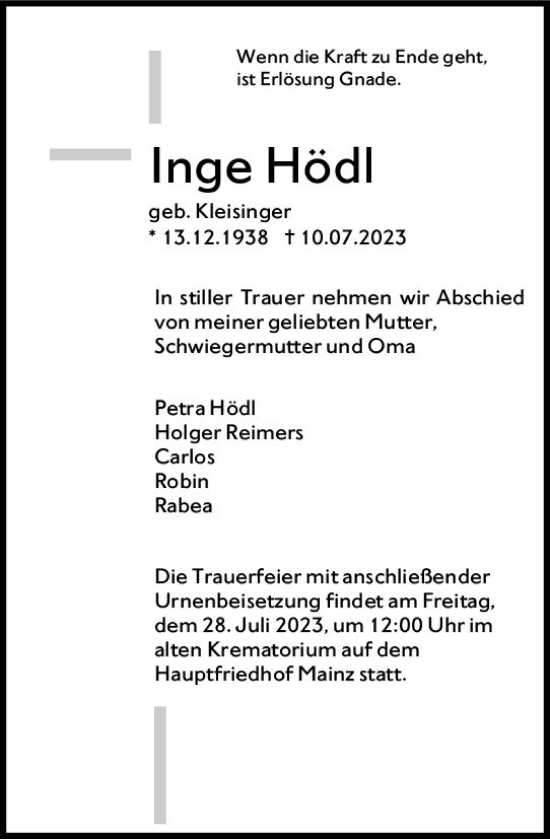 Traueranzeige von Inge Hödl von Allgemeine Zeitung Mainz