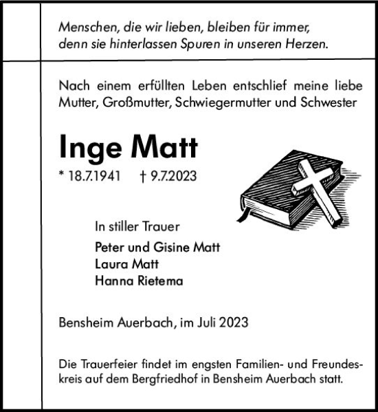Traueranzeige von Inge Matt von Darmstädter Echo