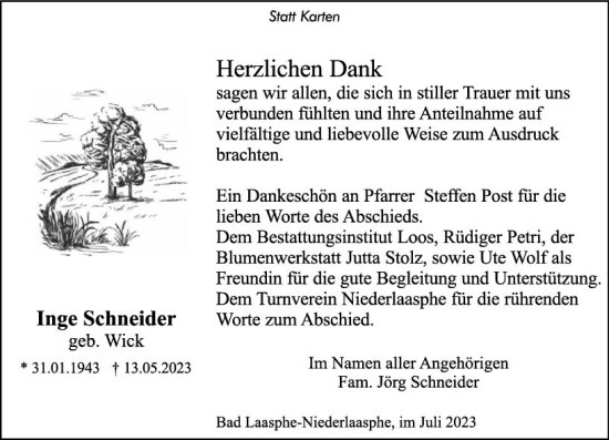 Traueranzeige von Inge Schneider von Hinterländer Anzeiger
