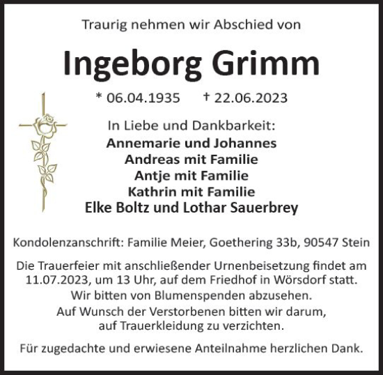 Traueranzeige von Ingeborg Grimm von Idsteiner Land/Untertaunus