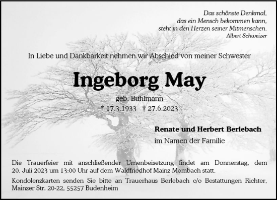 Traueranzeige von Ingeborg May von Wiesbadener Kurier