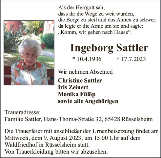 Traueranzeige von Ingeborg Sattler von Rüsselsheimer Echo