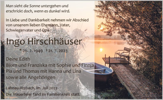 Traueranzeige von Ingo Hirschhäuser von Wetzlarer Neue Zeitung