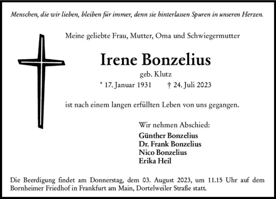 Traueranzeige von Irene Bonzeiius von Rüsselsheimer Echo