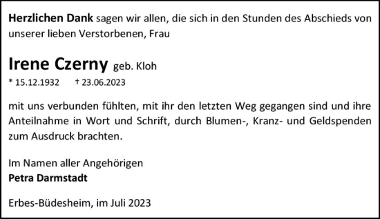 Traueranzeige von Irene Czerny von Allgemeine Zeitung Alzey