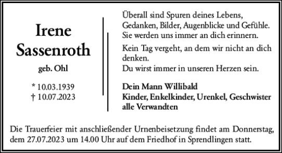 Traueranzeige von Irene Sassenroth von Allgemeine Zeitung Bingen/Ingelheim