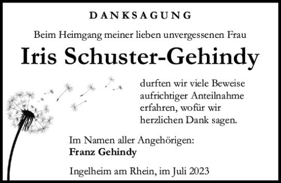 Traueranzeige von Iris Schuster-Gehindy von Allgemeine Zeitung Bingen/Ingelheim