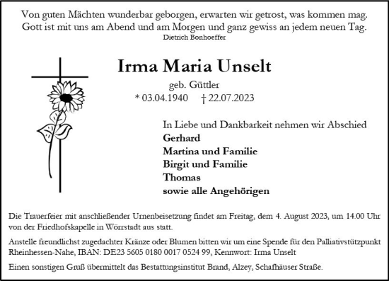 Traueranzeige von Irma Maria Unselt von Allgemeine Zeitung Alzey