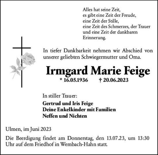 Traueranzeige von Irmgard Marie Feige von Darmstädter Echo