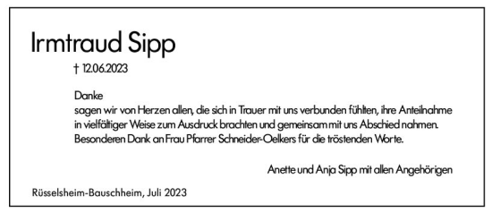 Traueranzeige von Irmtraud Sipp von Rüsselsheimer Echo