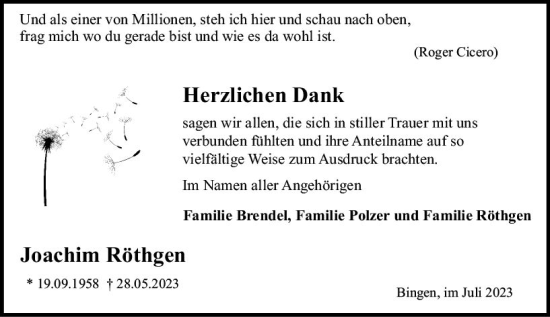 Traueranzeige von Joachim Röthgen von Allgemeine Zeitung Bingen/Ingelheim
