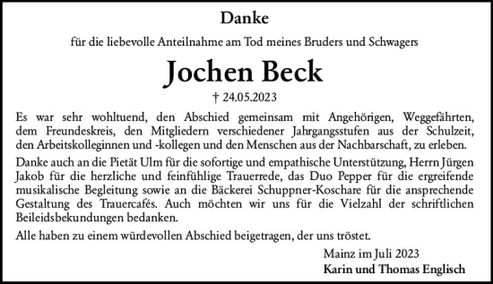 Traueranzeige von Jochen Beck von Wetzlarer Neue Zeitung