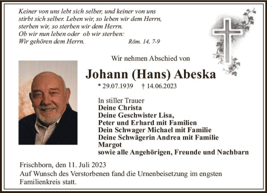 Traueranzeige von Johann Abeska von VRM Trauer
