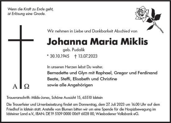 Traueranzeige von Johanna Maria Miklis von Idsteiner Land/Untertaunus