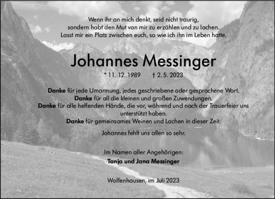 Traueranzeige von Johannes Messinger von Weilburger Tageblatt