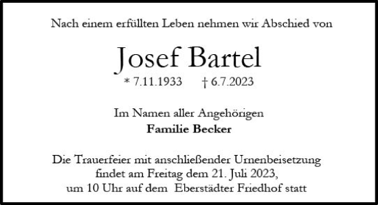 Traueranzeige von Josef Bartel von Darmstädter Echo