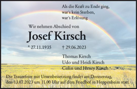 Traueranzeige von Josef Kirsch von Starkenburger Echo