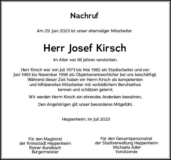 Traueranzeige von Josef Kirsch von Starkenburger Echo