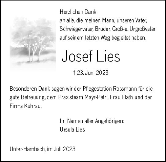 Traueranzeige von Josef Lies von Starkenburger Echo