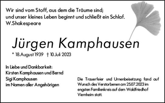 Traueranzeige von Jürgen Kamphausen von Wormser Zeitung