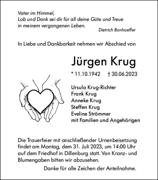 Traueranzeige von Jürgen Krug von Dill Block