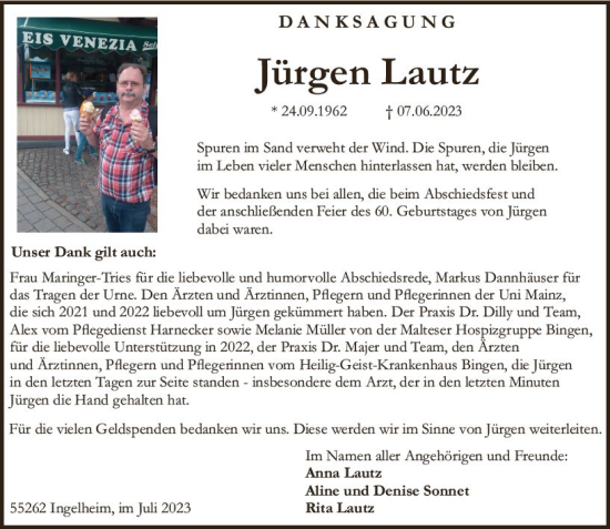 Traueranzeige von Jürgen Lautz von Allgemeine Zeitung Bingen/Ingelheim