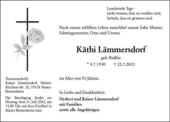 Traueranzeige von Käthi Lämmersdorf von Allgemeine Zeitung Bingen/Ingelheim