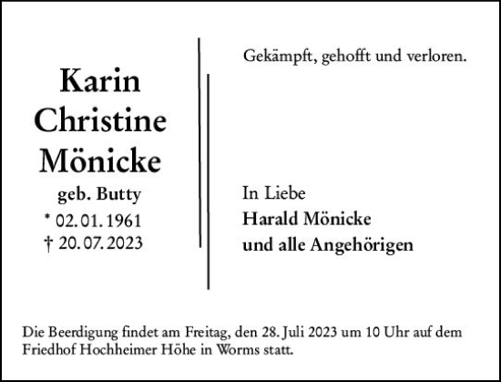 Traueranzeige von Karin Christine Mönicke von Wormser Zeitung