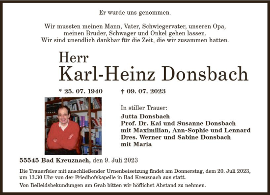 Traueranzeige von Karl-Heinz Donsbach von Allgemeine Zeitung Bad Kreuznach