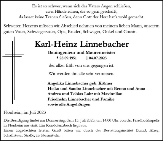 Traueranzeige von Karl-Heinz Linnebacher von Allgemeine Zeitung Alzey