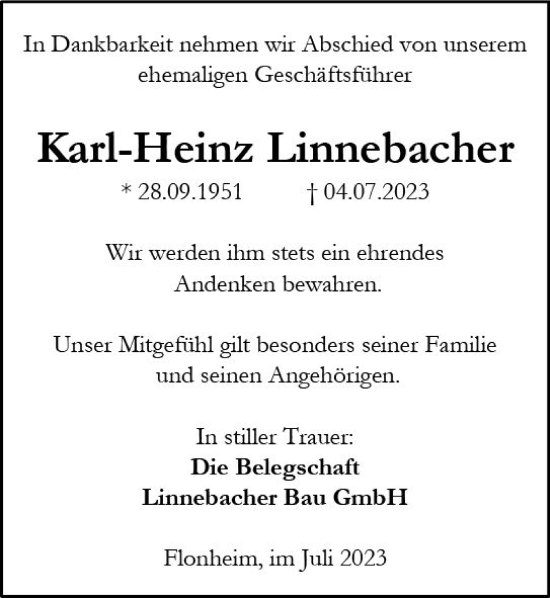 Traueranzeige von Karl-Heinz Linnebacher von Allgemeine Zeitung Alzey