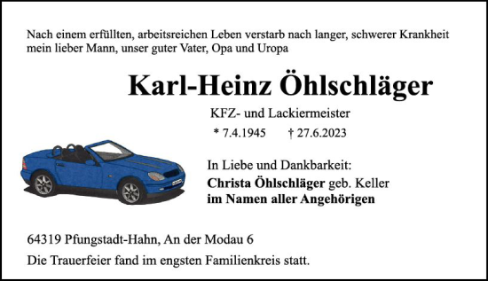 Traueranzeige von Karl-Heinz Öhlschläger von Darmstädter Echo