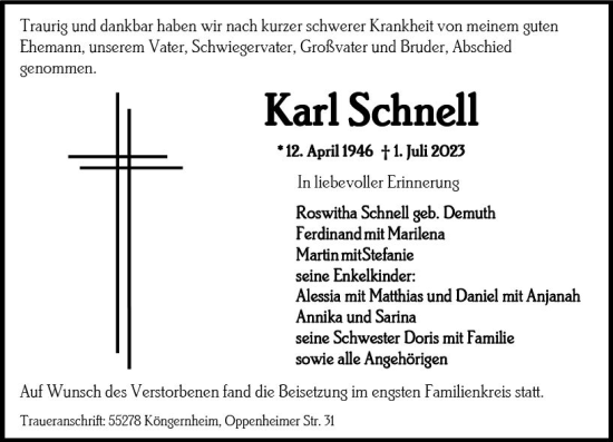 Traueranzeige von Karl Schnell von Allgemeine Zeitung Mainz