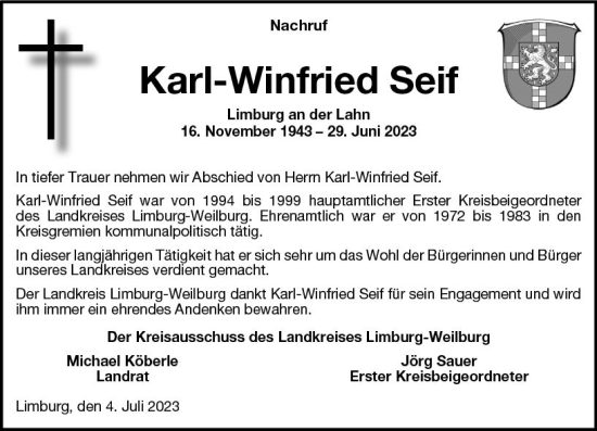 Traueranzeige von Karl-Winfried Seif von Weilburger Tageblatt