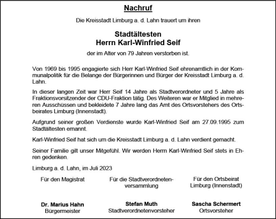 Traueranzeige von Karl-Winfried Seif von Nassauische Neue Presse