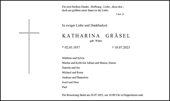 Traueranzeige von Katharina Gräsel von Starkenburger Echo
