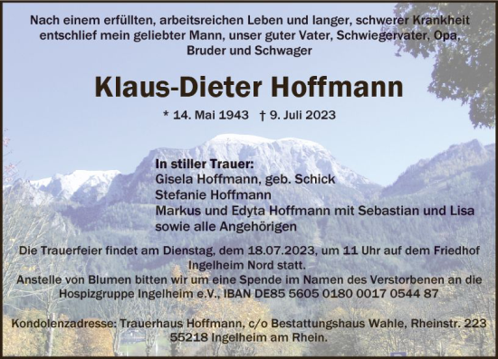 Traueranzeige von Klaus-Dieter Hoffmann von Allgemeine Zeitung Bingen/Ingelheim