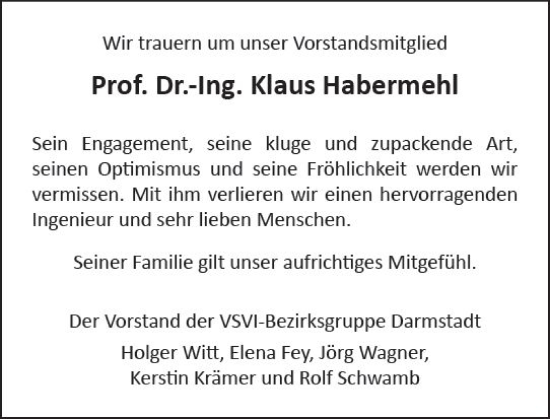 Traueranzeige von Klaus Habermehl von Darmstädter Echo