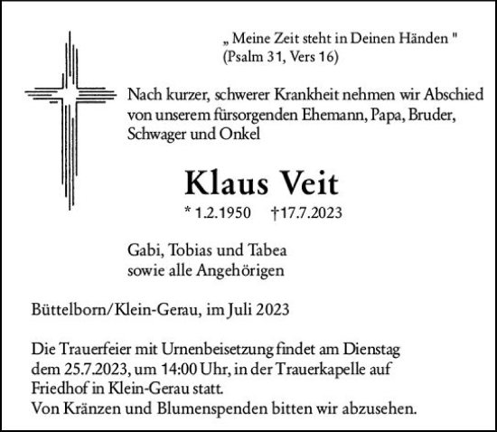 Traueranzeige von Klaus Veit von Groß-Gerauer Echo