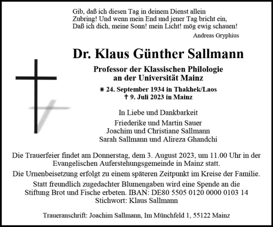 Traueranzeige von Klaus Günther Sallmann von Allgemeine Zeitung Mainz