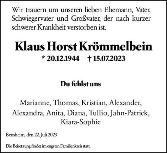 Traueranzeige von Klaus Horst Krömmelbein von Darmstädter Echo