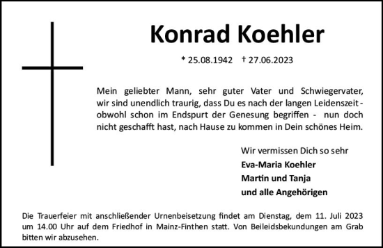 Traueranzeige von Konrad Koehler von Allgemeine Zeitung Mainz