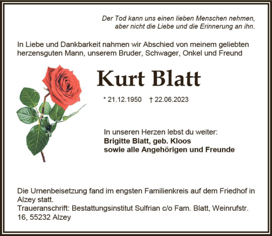 Traueranzeige von Kurt Blatt von Allgemeine Zeitung Alzey